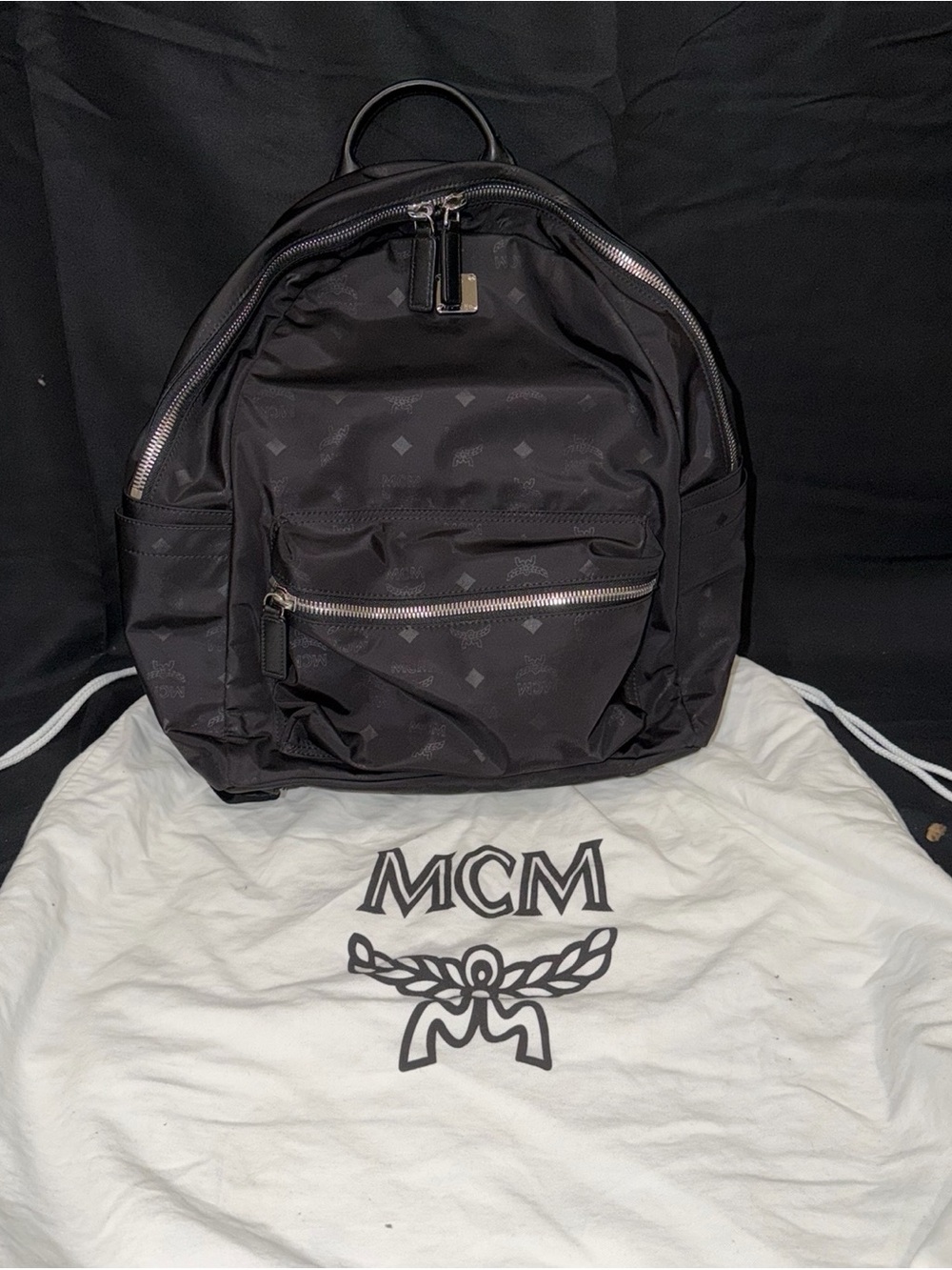 MCM Black Nylon Monogram Backpack with Silver Hardware
